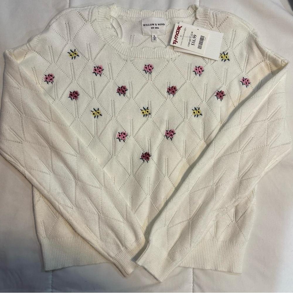 White Sweater with Pink and Yellow Floral Accents